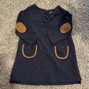 Hope & Henry Navy blue dress with brown velvet elbow pads and pockets 12-18 m